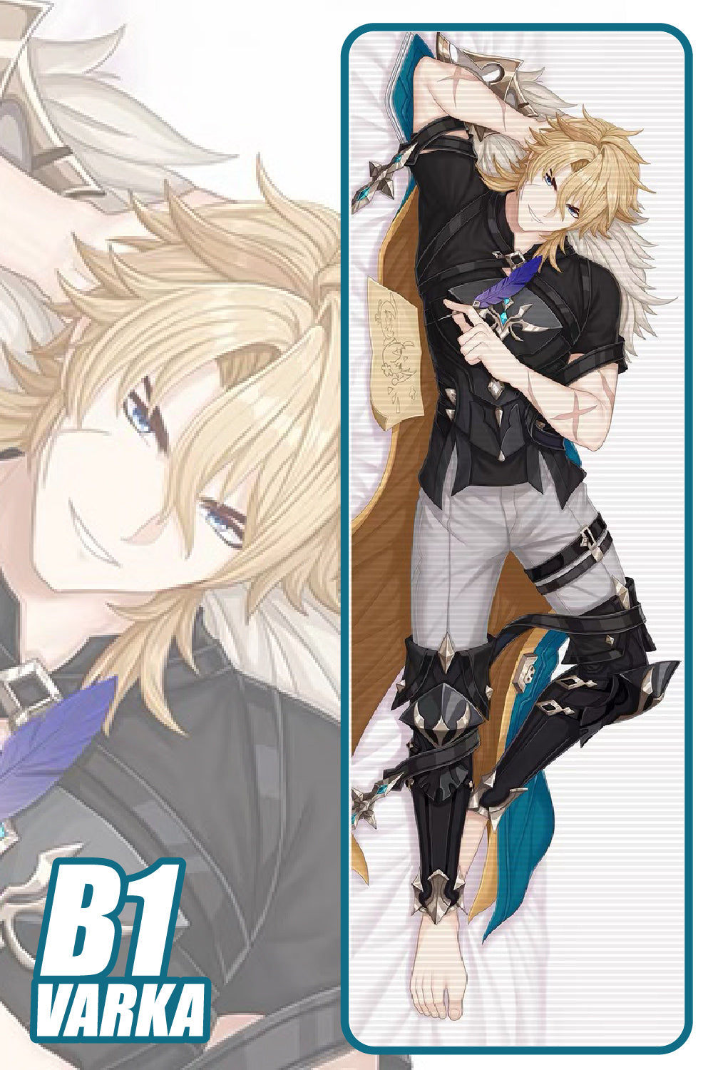 Varka Body Pillow Case Back View with Feather Knight of Favonius